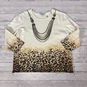 Alfred Dunner Womens Leopard Print Necklace Embellished 3/4 Sleeve Top